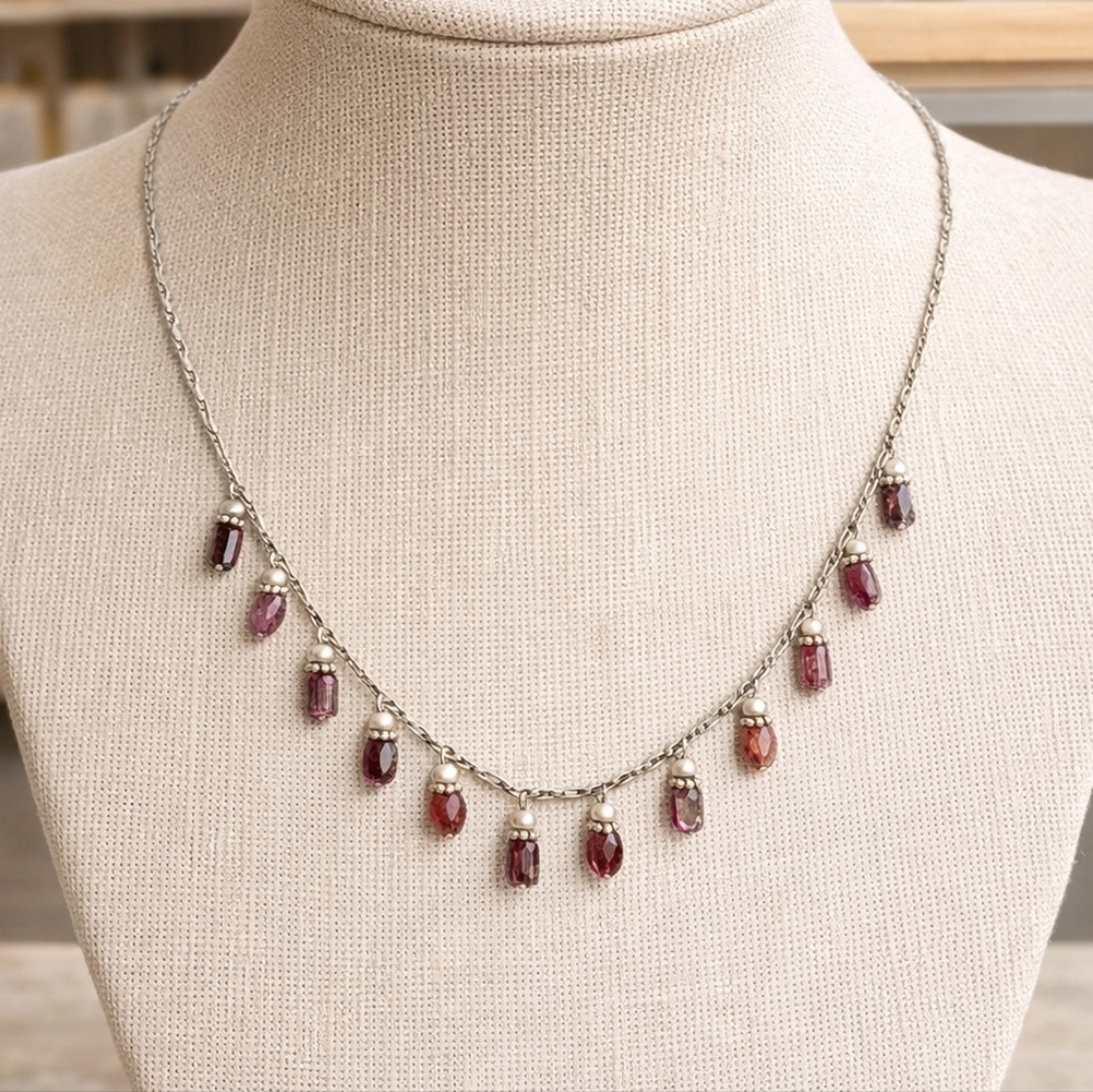 vintage sterling‎ silver Necklace Dangle pearl  Stone 19" Silver